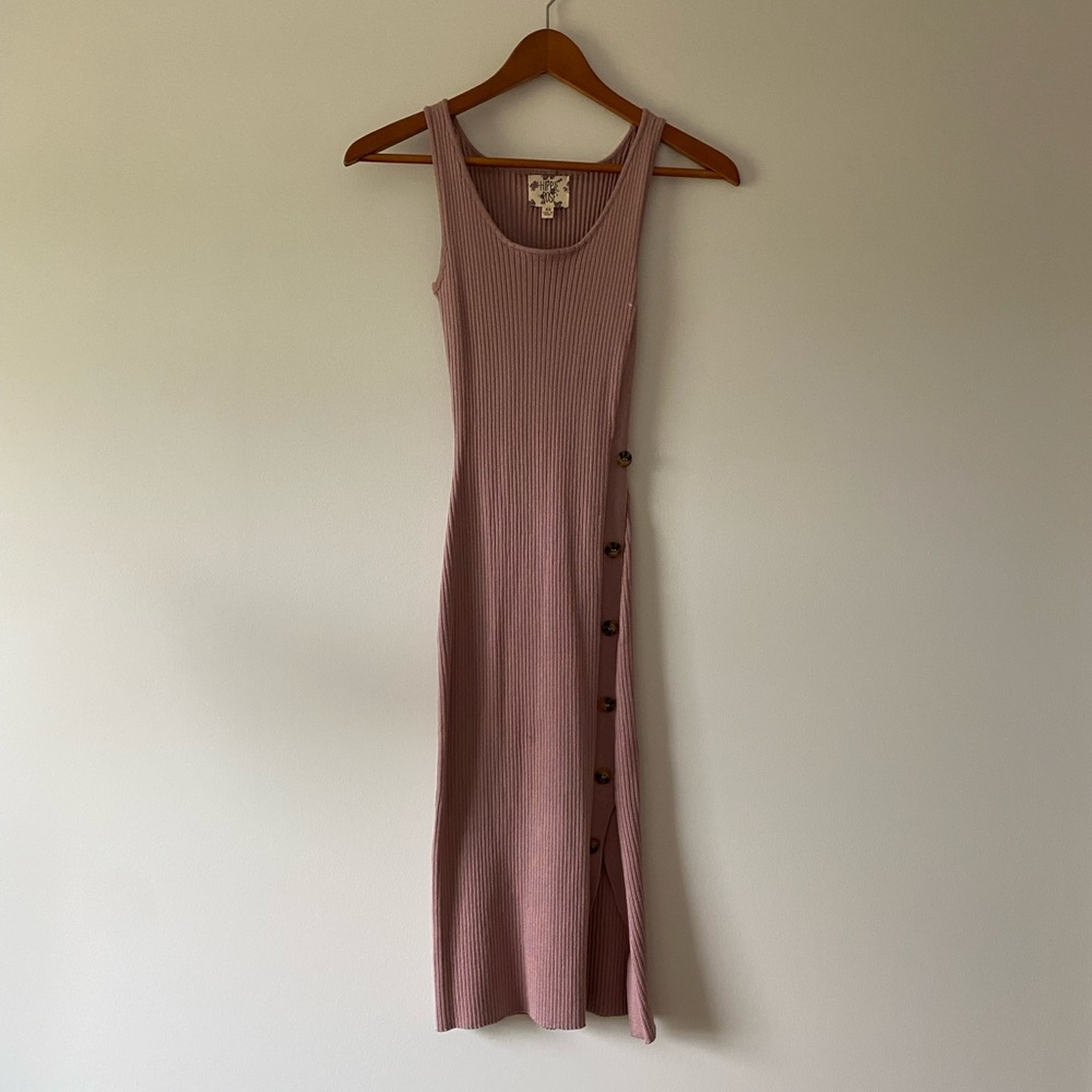 Mauve/Blush Ribbed Midi Dress with Slit and Buttons